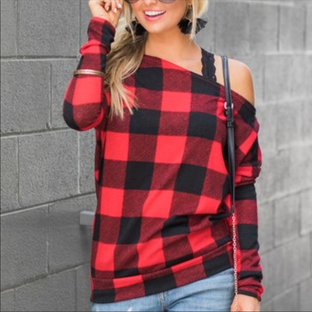 New Buffalo Plaid Sweater One Shoulder Thumb Holes - Picture 4 of 6